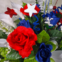 Load image into Gallery viewer, This patriotic memorial cemetery cone has grave flowers including red, white, and blue calla lilies & roses and glitter stars.