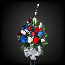 Load image into Gallery viewer, This patriotic memorial cemetery cone has grave flowers including red, white, and blue rosebuds and glitter stars.