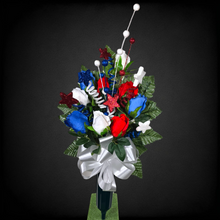 Load image into Gallery viewer, This patriotic memorial cemetery cone has grave flowers including red, white, and blue rosebuds and glitter stars.