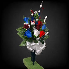 Load image into Gallery viewer, This patriotic memorial cemetery cone has grave flowers including red, white, and blue rosebuds and glitter stars.