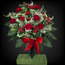 Load image into Gallery viewer, Jumbo Christmas memorial decoration with red roses, berries, holly, and snowy pine.