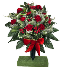 Load image into Gallery viewer, Jumbo Christmas memorial decoration with red roses, berries, holly, and snowy pine.