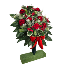 Load image into Gallery viewer, Jumbo Christmas memorial decoration with red roses, berries, holly, and snowy pine.