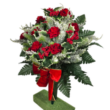 Load image into Gallery viewer, Jumbo Christmas memorial decoration with red roses, berries, holly, and snowy pine.