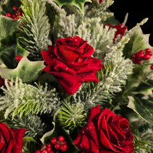 Load image into Gallery viewer, Jumbo Christmas memorial decoration with red roses, berries, holly, and snowy pine.