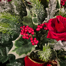 Load image into Gallery viewer, Jumbo Christmas memorial decoration with red roses, berries, holly, and snowy pine.