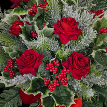 Load image into Gallery viewer, Jumbo Christmas memorial decoration with red roses, berries, holly, and snowy pine.