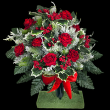 Load image into Gallery viewer, Jumbo Christmas memorial decoration with red roses, berries, holly, and snowy pine.