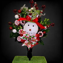 Load image into Gallery viewer, Christmas memorial decoration with red & green glitter accented snowman with a top hat.