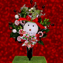 Load image into Gallery viewer, Christmas memorial decoration with red & green glitter accented snowman with a top hat.