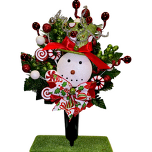 Load image into Gallery viewer, Christmas memorial decoration with red & green glitter accented snowman with a top hat.