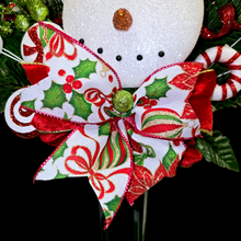 Load image into Gallery viewer, Christmas memorial decoration with red & green glitter accented snowman with a top hat.
