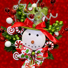 Load image into Gallery viewer, Christmas memorial decoration with red & green glitter accented snowman with a top hat.
