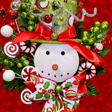 Load image into Gallery viewer, Christmas memorial decoration with red & green glitter accented snowman with a top hat.