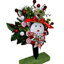 Load image into Gallery viewer, Christmas memorial decoration with red & green glitter accented snowman with a top hat.