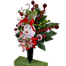 Load image into Gallery viewer, Christmas memorial decoration with red & green glitter accented snowman with a top hat.