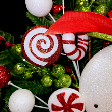 Load image into Gallery viewer, Christmas memorial decoration with red & green glitter accented snowman with a top hat.
