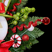 Load image into Gallery viewer, Christmas memorial decoration with red & green glitter accented snowman with a top hat.