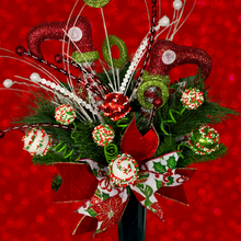 Load image into Gallery viewer, Christmas memorial decoration with red & green elf shoes, glitter accented picks, and a festive bow.