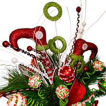 Load image into Gallery viewer, Christmas memorial decoration with red & green elf shoes, glitter accented picks, and a festive bow.