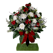 Load image into Gallery viewer, Jumbo Christmas memorial decoration with white roses, berries, holly, and snowy pine.