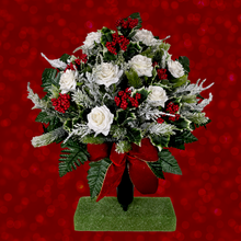 Load image into Gallery viewer, Jumbo Christmas memorial decoration with white roses, berries, holly, and snowy pine.