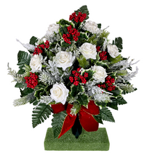Load image into Gallery viewer, Jumbo Christmas memorial decoration with white roses, berries, holly, and snowy pine.