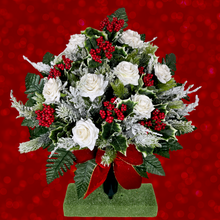 Load image into Gallery viewer, Jumbo Christmas memorial decoration with white roses, berries, holly, and snowy pine.