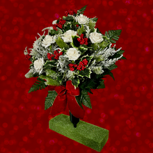 Load image into Gallery viewer, Jumbo Christmas memorial decoration with white roses, berries, holly, and snowy pine.