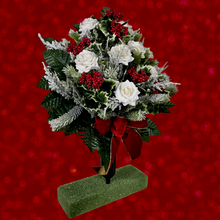 Load image into Gallery viewer, Jumbo Christmas memorial decoration with white roses, berries, holly, and snowy pine.