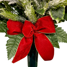 Load image into Gallery viewer, Jumbo Christmas memorial decoration with white & red roses, berries, holly, and snowy pine.