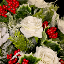 Load image into Gallery viewer, Jumbo Christmas memorial decoration with white roses, berries, holly, and snowy pine.
