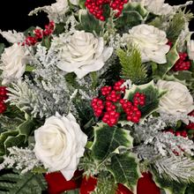 Load image into Gallery viewer, Jumbo Christmas memorial decoration with white roses, berries, holly, and snowy pine.