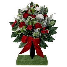 Load image into Gallery viewer, Jumbo Christmas memorial decoration with white & red roses, berries, holly, and snowy pine.