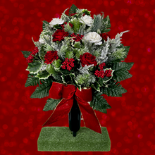Load image into Gallery viewer, Jumbo Christmas memorial decoration with white & red roses, berries, holly, and snowy pine.
