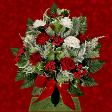 Load image into Gallery viewer, Jumbo Christmas memorial decoration with white & red roses, berries, holly, and snowy pine.