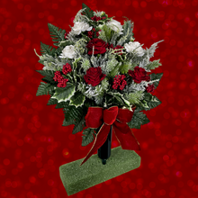 Load image into Gallery viewer, Jumbo Christmas memorial decoration with white & red roses, berries, holly, and snowy pine.