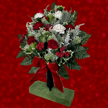 Load image into Gallery viewer, Jumbo Christmas memorial decoration with white & red roses, berries, holly, and snowy pine.