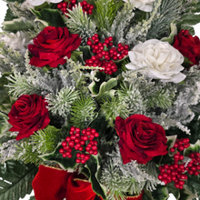 Load image into Gallery viewer, Jumbo Christmas memorial decoration with white & red roses, berries, holly, and snowy pine.