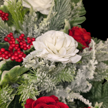 Load image into Gallery viewer, Jumbo Christmas memorial decoration with white & red roses, berries, holly, and snowy pine.