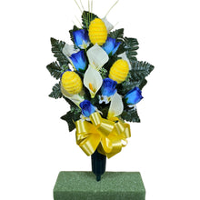 Load image into Gallery viewer, Easter Memorial Decoration Blue Rosebud and Cream Calla Lily with Yellow Easter Eggs Cemetery Cone