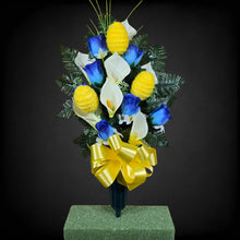 Load image into Gallery viewer, Easter Memorial Decoration Blue Rosebud and Cream Calla Lily with Yellow Easter Eggs Cemetery Cone