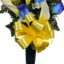 Load image into Gallery viewer, Easter Memorial Decoration Blue Rosebud and Cream Calla Lily with Yellow Easter Eggs Cemetery Cone