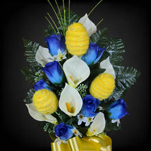 Load image into Gallery viewer, Easter Memorial Decoration Blue Rosebud and Cream Calla Lily with Yellow Easter Eggs Cemetery Cone
