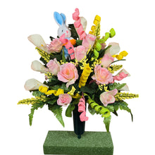 Load image into Gallery viewer, Easter Memorial Decoration Pink Rose and Cream Calla Lily Cemetery Cone With an Easter Bunny and Pastel Accents