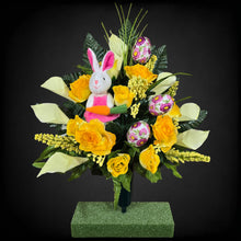 Load image into Gallery viewer, Easter Memorial Decoration Yellow Rose and Cream Calla Lily Cemetery Cone with an Easter Bunny and Easter Eggs