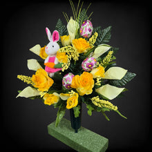 Load image into Gallery viewer, Easter Memorial Decoration Yellow Rose and Cream Calla Lily Cemetery Cone with an Easter Bunny and Easter Eggs