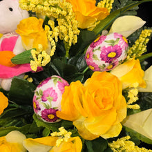 Load image into Gallery viewer, Easter Memorial Decoration Yellow Rose and Cream Calla Lily Cemetery Cone with an Easter Bunny and Easter Eggs