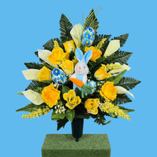 Load image into Gallery viewer, Easter Memorial Decoration Yellow Rose and Cream Calla Lily Cemetery Cone with a Blue Easter Bunny and Easter Eggs