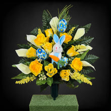 Load image into Gallery viewer, Easter Memorial Decoration Yellow Rose and Cream Calla Lily Cemetery Cone with a Blue Easter Bunny and Easter Eggs